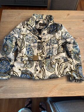 Doris Phister  Belted Ski Jacket in white , Blue, Gold Accents